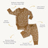Image of a brown baby Organic Kimono Onesie & Pants Set - Wildflower from Organic Baby, featuring a top with foldover hand mitts and pants with a gusset for extra diaper room.