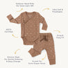 An Organic Baby Kimono Onesie & Pants Set in Sparkle pattern, labeled with features like foldover hand mitts, ultra soft and breathable fabric, GOTS certified, easy change gusset, and snug fit.