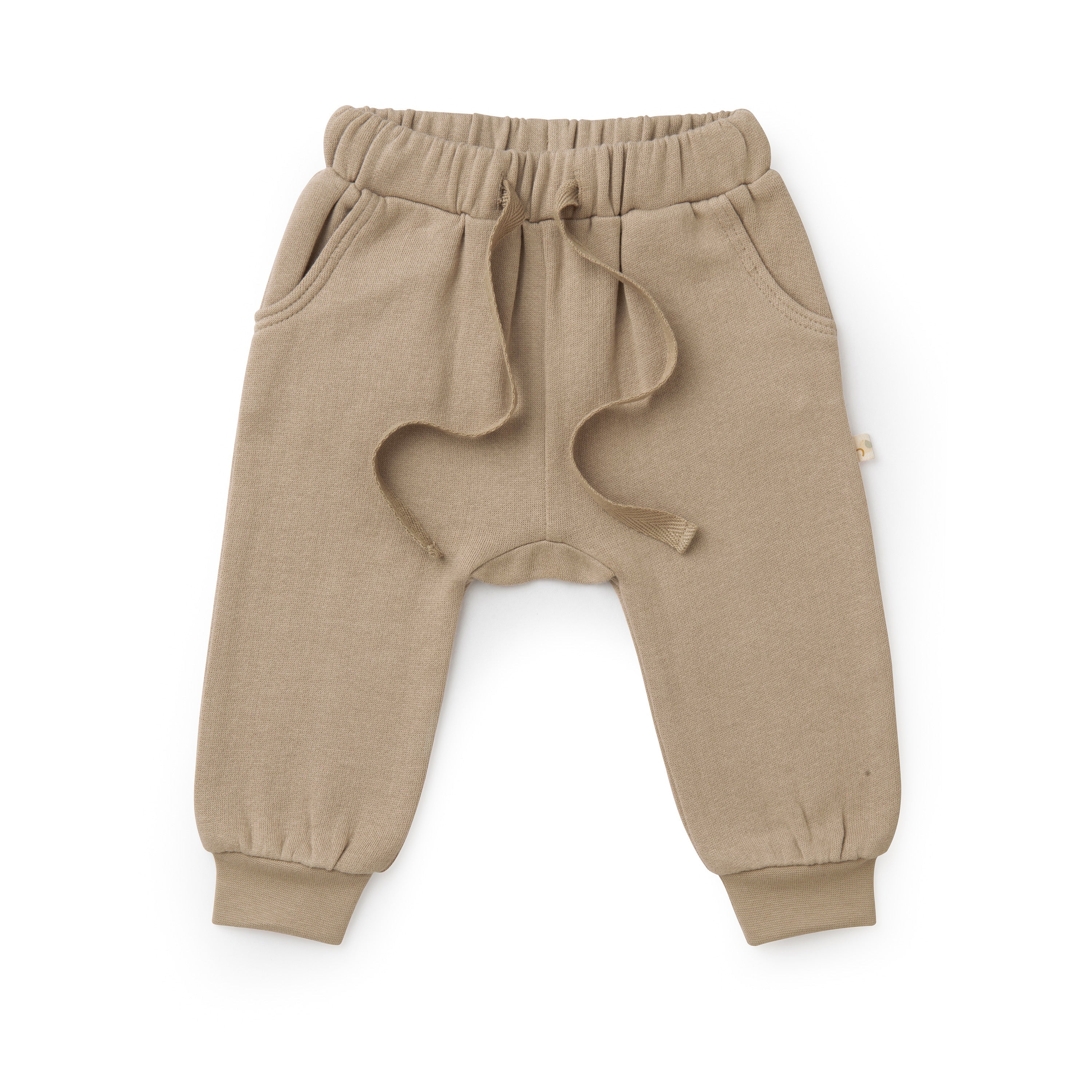 Organic Baby beige toddler jogger pants in Mocha with elastic waistband and drawstrings, displayed on a white background.