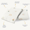 An image of a folded, plush, Makemake Organics Organic Cotton Toddler Pillowcase with a minimalistic rainbow pattern. Text labels describe features like "extra deep 8'' envelope closure" and "ultra soft & breathable.