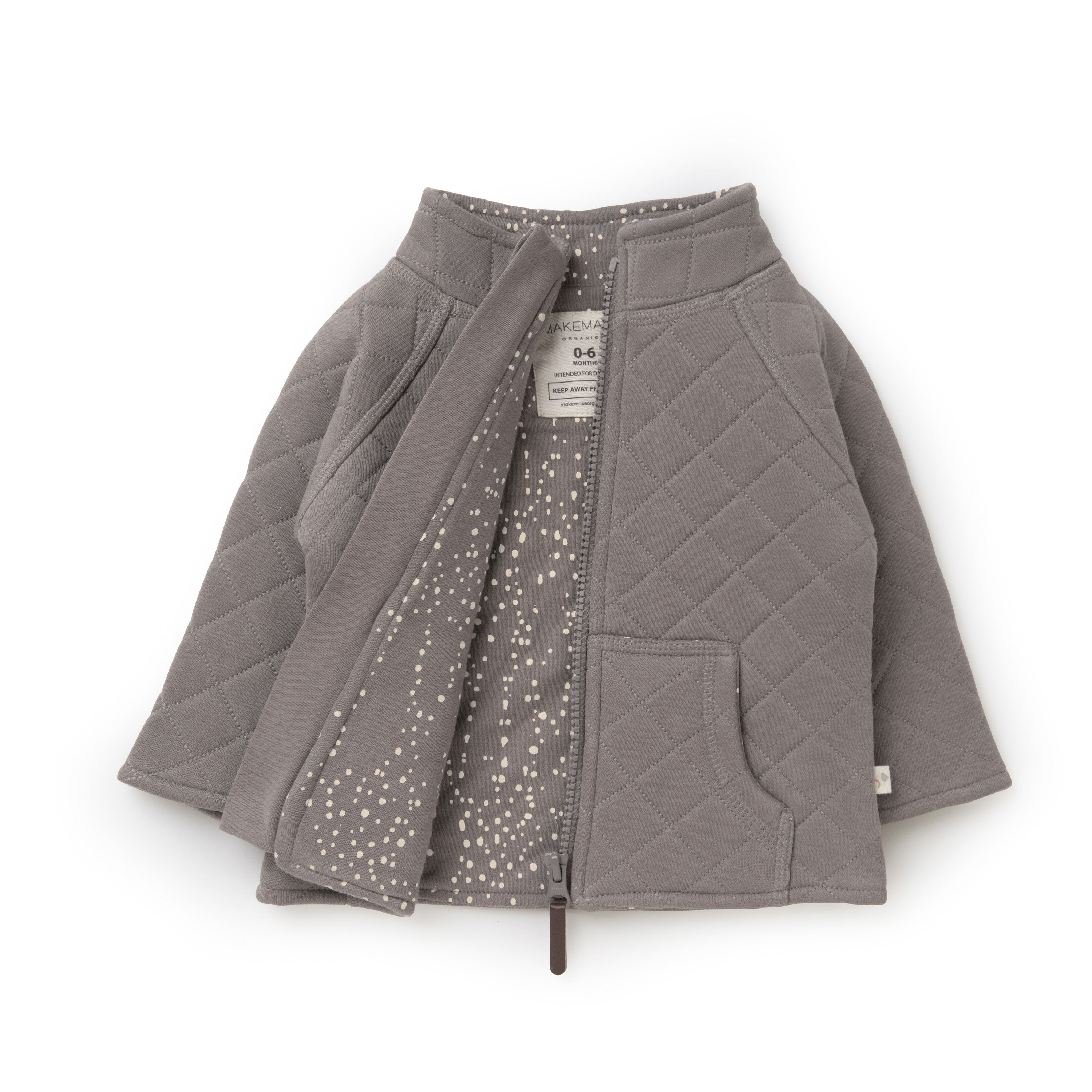 A Organic Kids gray quilted jacket with a studded design on the lower half, displayed against a white background. The jacket is partially zipped and laid flat.