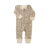 A baby's Organic 2-Way Zip Romper - Spotted with a crew neckline and ribbed cuffs, displayed flat on a white background by Organic Baby.