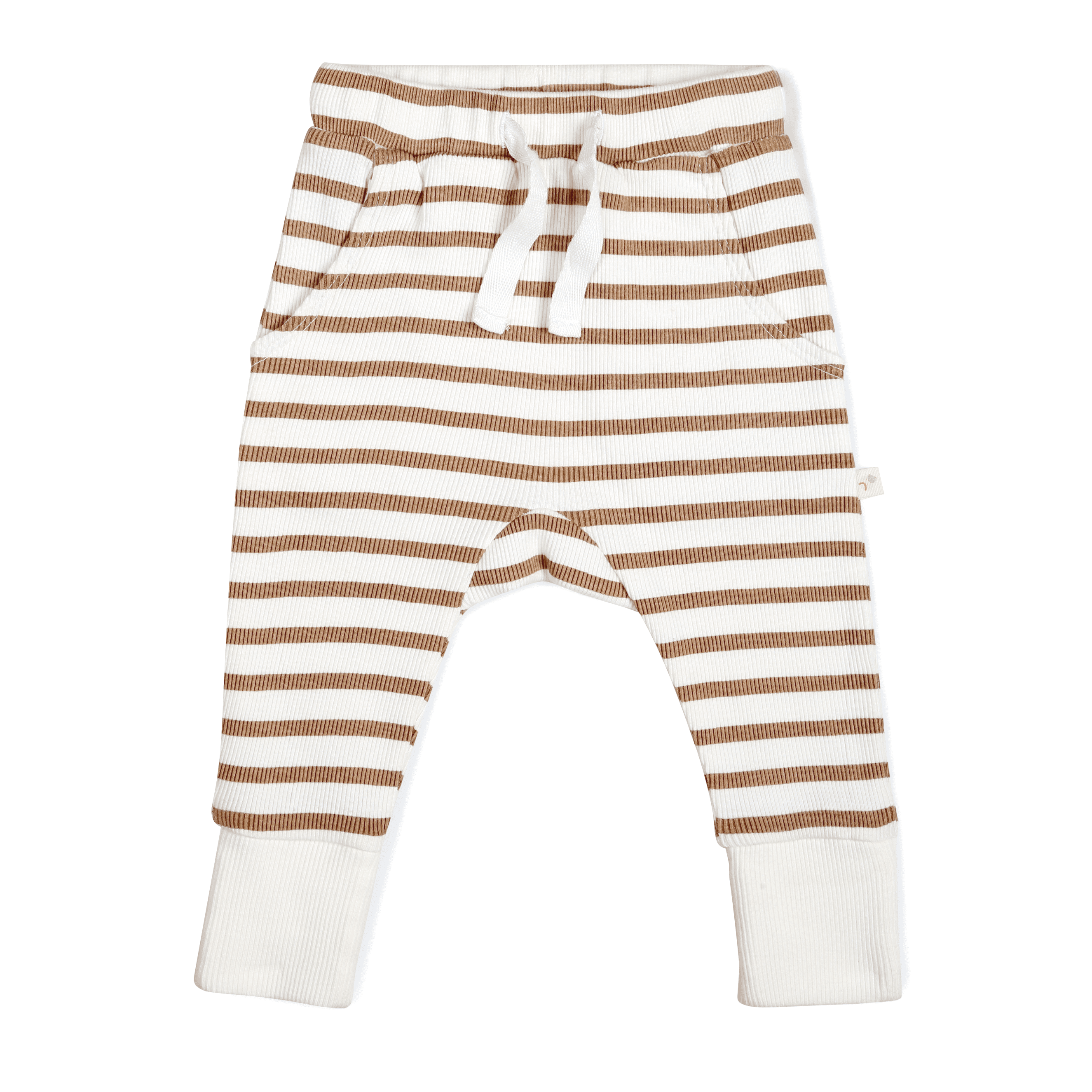 Organic Harem Pants - Stripes by Makemake Organics, in brown and white stripes with a drawstring waist and white cuffs, displayed flat against a white background.