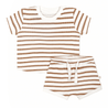 Brown and white striped organic tee and shorties set by Makemake Organics on a white background.