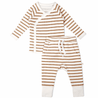 A toddler's outfit consisting of Organic Kimono Top & Pants Set - Stripes by Makemake Organics, displayed on a white background.