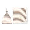 A baby's Organic Swaddle Blanket & Hat - Stripes in brown and white, with the brand name "Makemake Organics" visible on the blanket. both items are laid flat on a white background.