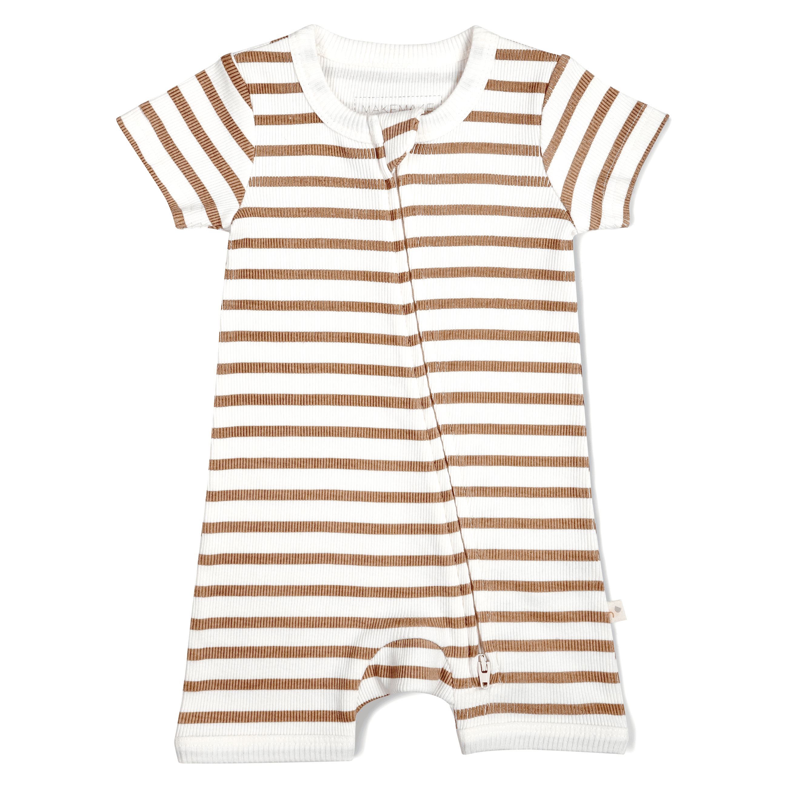 A flat-laid, short-sleeved toddler romper with horizontal white and tan stripes. It features snap closures and a relaxed fit, ideal for comfortable wear. This is the Organic Short Zip Romper in Stripes from Makemake Organics.
