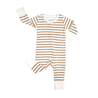 An infant's Organic 2-Way Zip Romper in Stripes by Makemake Organics, featuring long sleeves and snap closures, displayed flat against a white background is perfect for both a baby and a toddler.