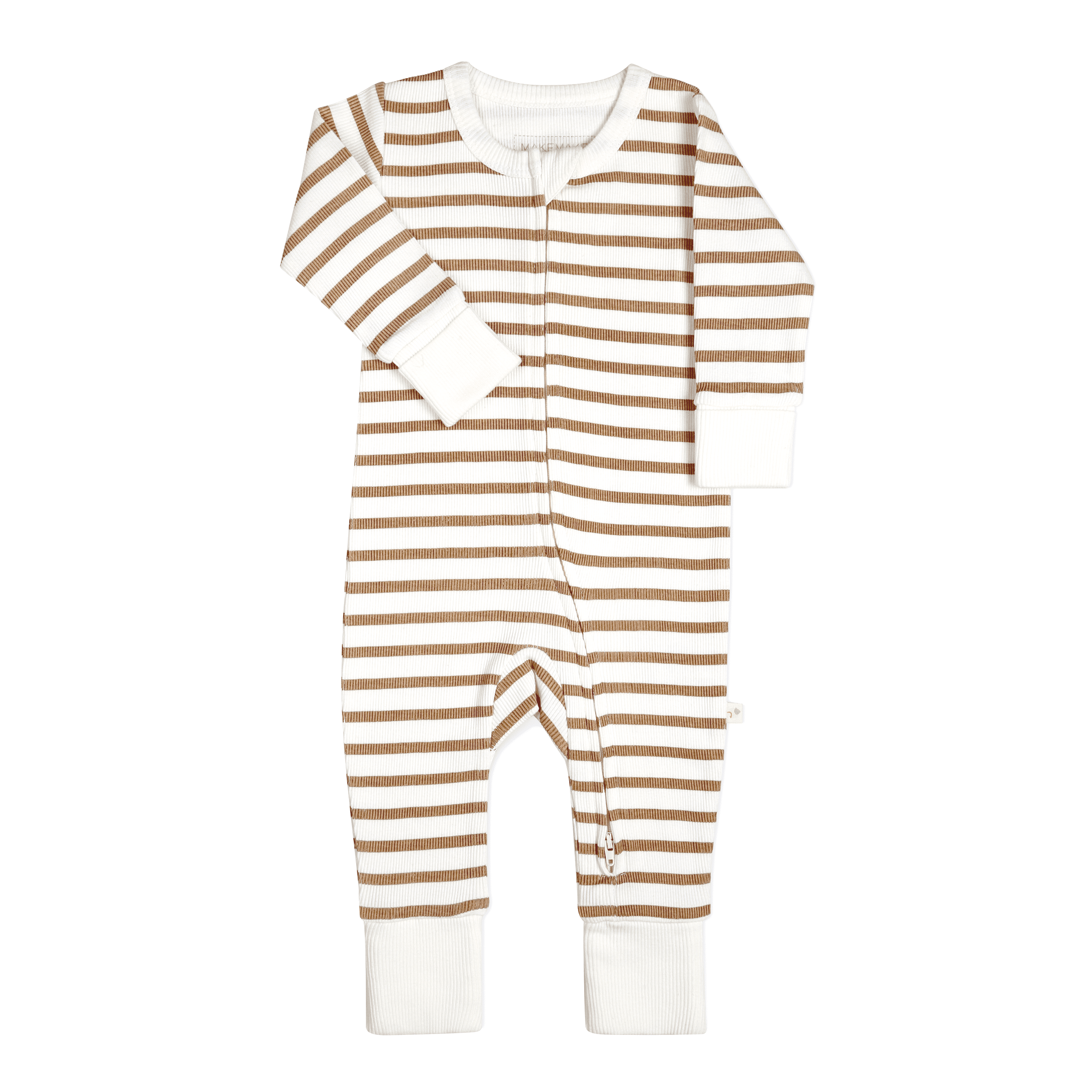 Striped toddler onesie in white and beige with long sleeves and built-in feet, displayed on a white background. - Organic 2-Way Zip Romper - Stripes from Makemake Organics