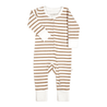 Striped toddler onesie in white and beige with long sleeves and built-in feet, displayed on a white background. - Organic 2-Way Zip Romper - Stripes from Makemake Organics