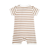 A white and brown striped toddler romper with short sleeves, laid flat on a white background. This is the Organic Short Zip Romper - Stripes by Makemake Organics.