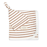 A brown and white striped Organic Swaddle Blanket & Hat with a hood, neatly folded into a square, displaying the brand name "Makemake Organics" on a front visible edge.