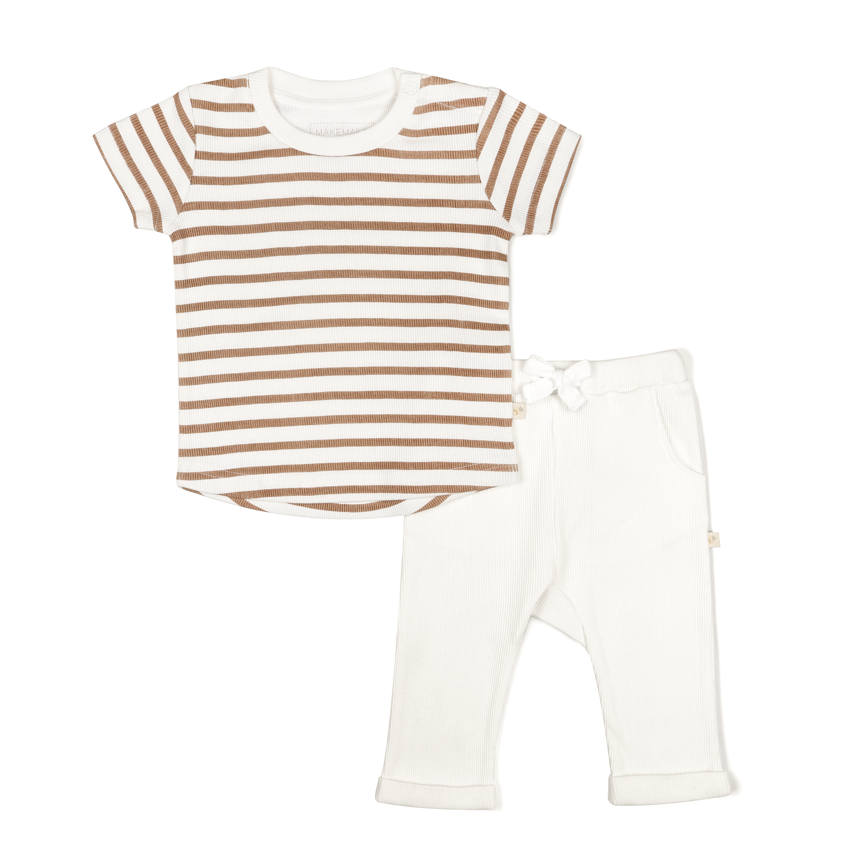 A baby's outfit consisting of the Makemake Organics Organic Tee & Pants Set - Stripes, featuring a striped beige and white short-sleeved t-shirt paired with plain white trousers featuring a small bow on the front.