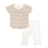 A baby's outfit consisting of the Makemake Organics Organic Tee & Pants Set - Stripes, featuring a striped beige and white short-sleeved t-shirt paired with plain white trousers featuring a small bow on the front.