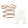 A flat lay image of Makemake Organics' Organic Tee & Pants Set - Stripes featuring a beige and brown striped t-shirt and plain white pants on a white background.