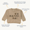 An image displaying a Organic Baby beige, long-sleeve toddler sweatshirt with the phrase "oh happy day" highlighted. Features include a tagless neck and snap buttons for easy dressing.
