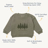 Organic Baby's Organic Graphic Sweatshirt - Woods featuring a tree design with the text "into the woods," highlighted for its GOTS certified cotton material, tagless neck, and snap buttons for easy fastening.
