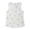 A sleeveless baby bodysuit from Organic Kids featuring a pattern of gray palm trees and tiny birds, laid flat on a white background. It has snap buttons on the shoulder for easy
