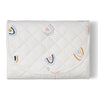 A white quilted clutch with a Makemake Organics Organic Cotton Portable Changing Mat - Rainbow design, featuring a front flap closure and visible stitching. The clutch sports the label "marimekko" in one corner.