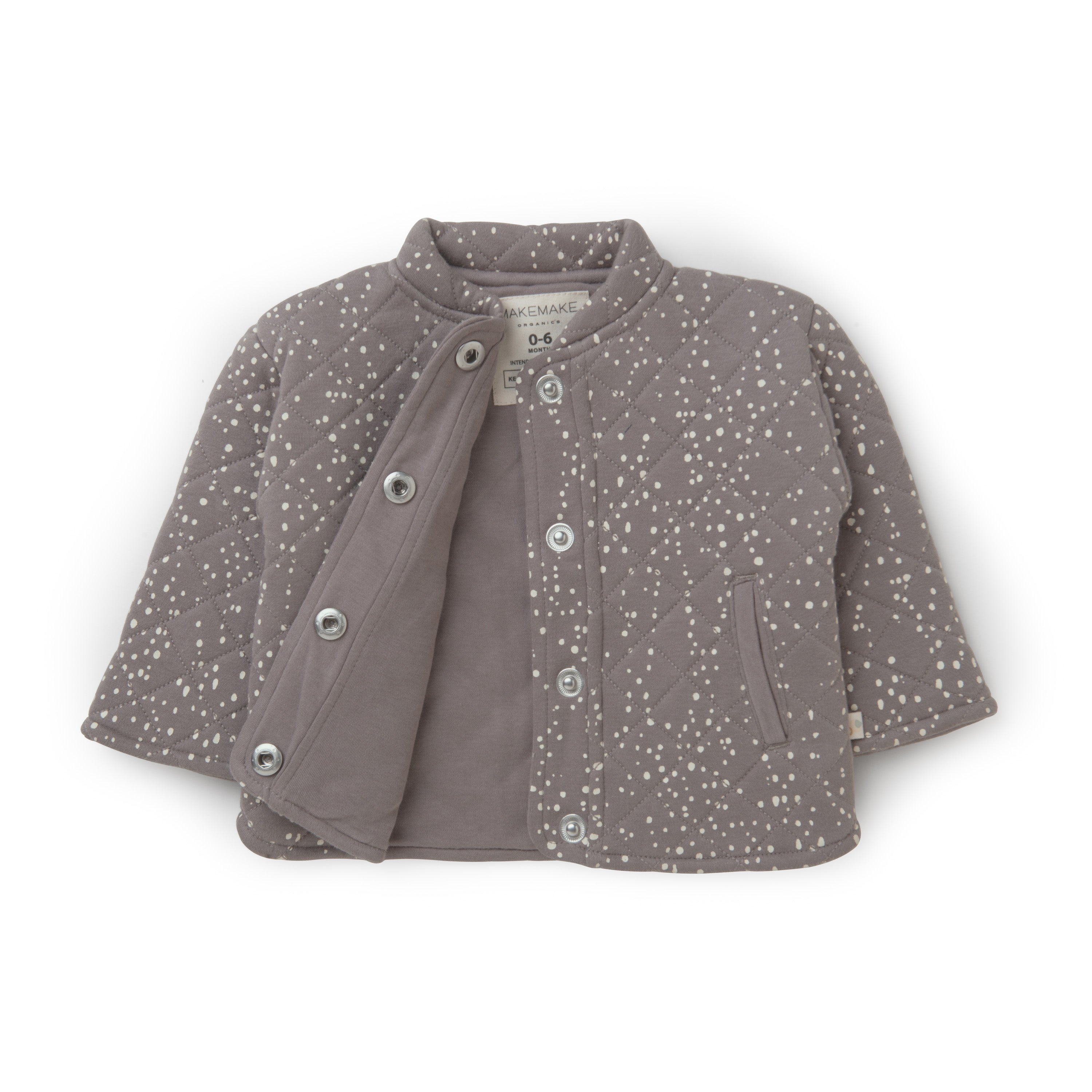 A gray toddler's jacket from Organic Kids with white polka dots, featuring a round neckline, silver snap buttons, and a small pocket on the left side, displayed against a white background