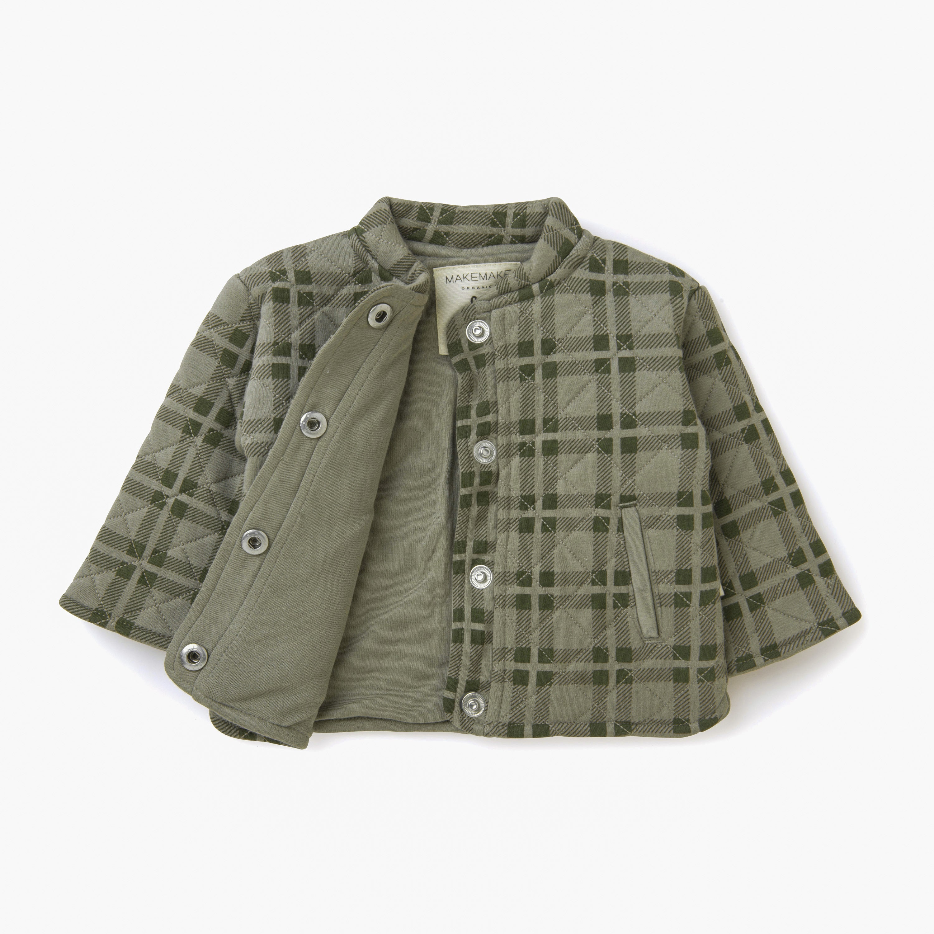 A green plaid children's jacket from Organic Kids, featuring a collar and front buttons, displayed flat against a white background.