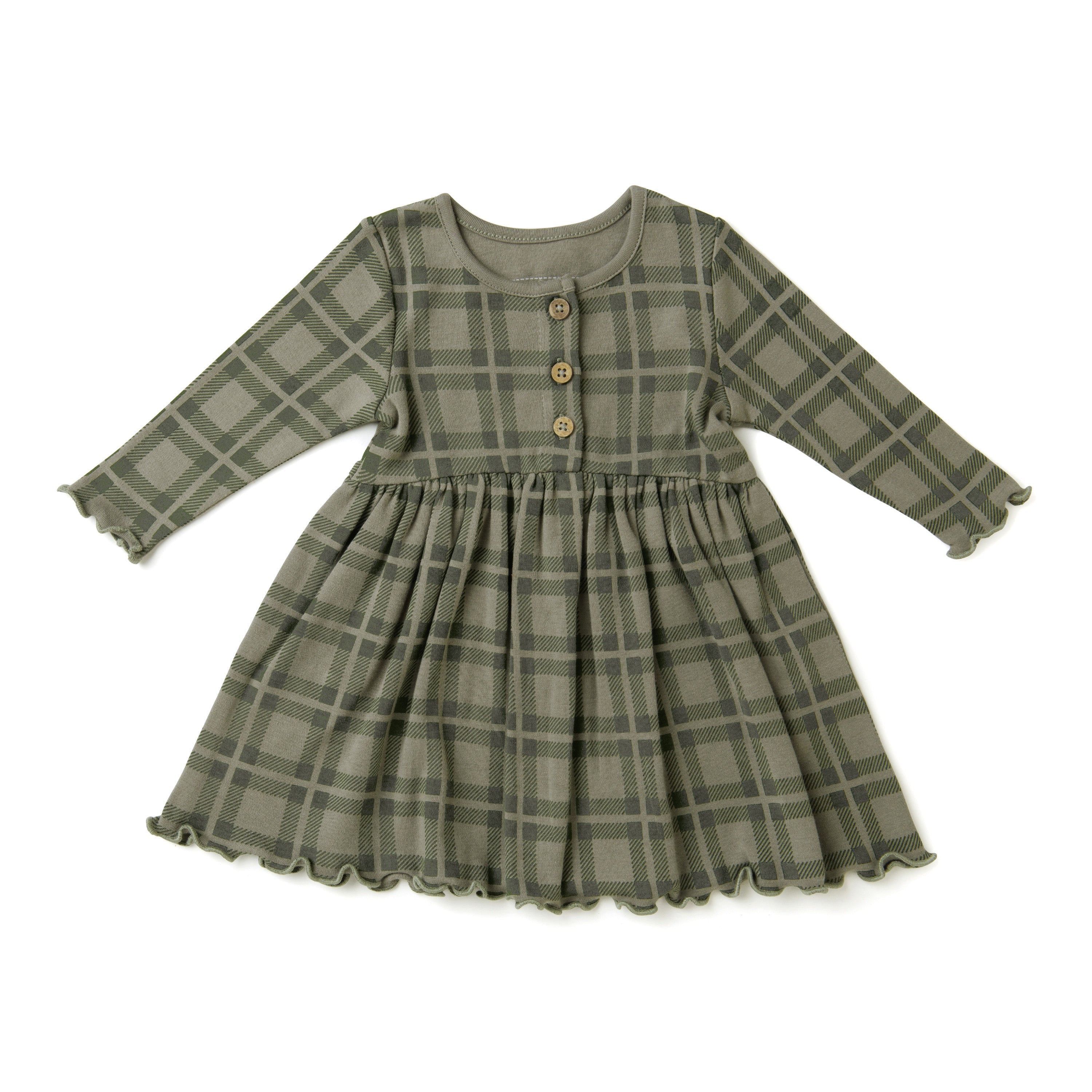 A Organic Baby green and beige plaid long sleeve twirl dress with buttons down the front and a ruffled hem, isolated on a white background.