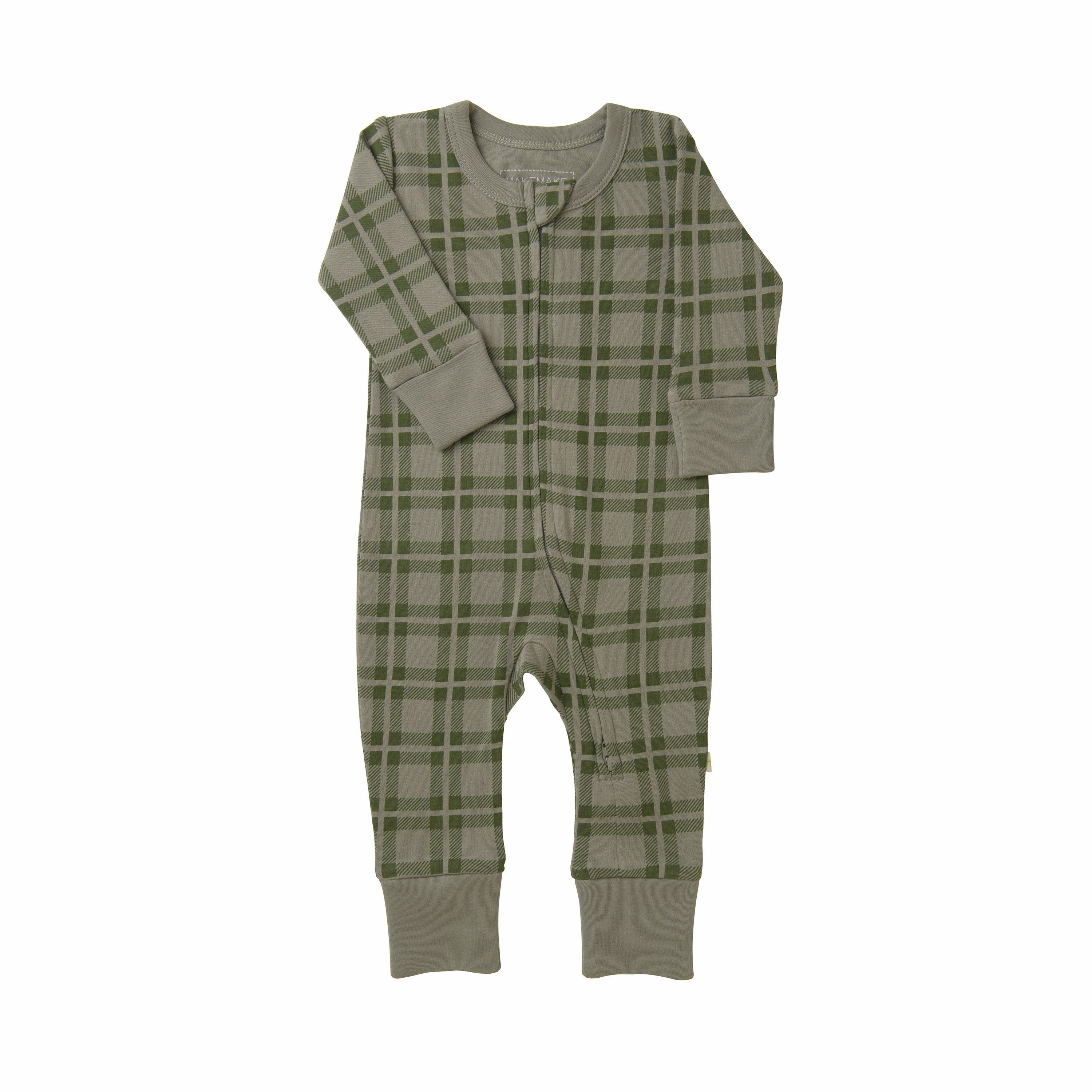 Green and gray plaid Organic 2-Way Zip Romper with long sleeves and pants, displayed against a white background by Organic Baby.