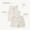 A set of children's clothing from Organic Kids laid flat, including a sleeveless top with a button neckline and matching shorts, both in white with brown polka dots, labeled with features.