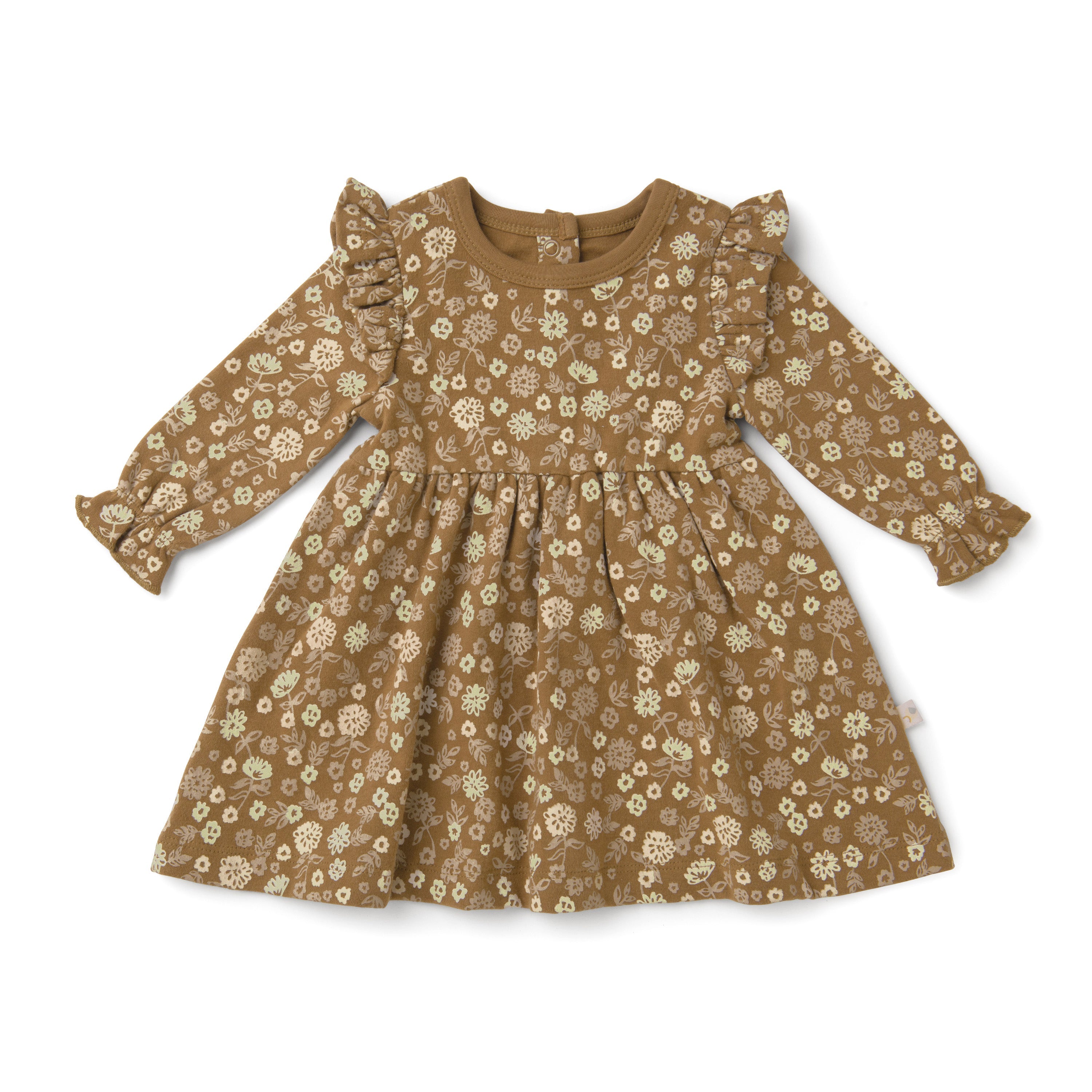 A Organic Girls brown toddler dress with long sleeves and an allover floral print, featuring ruffled shoulders, displayed on a white background.