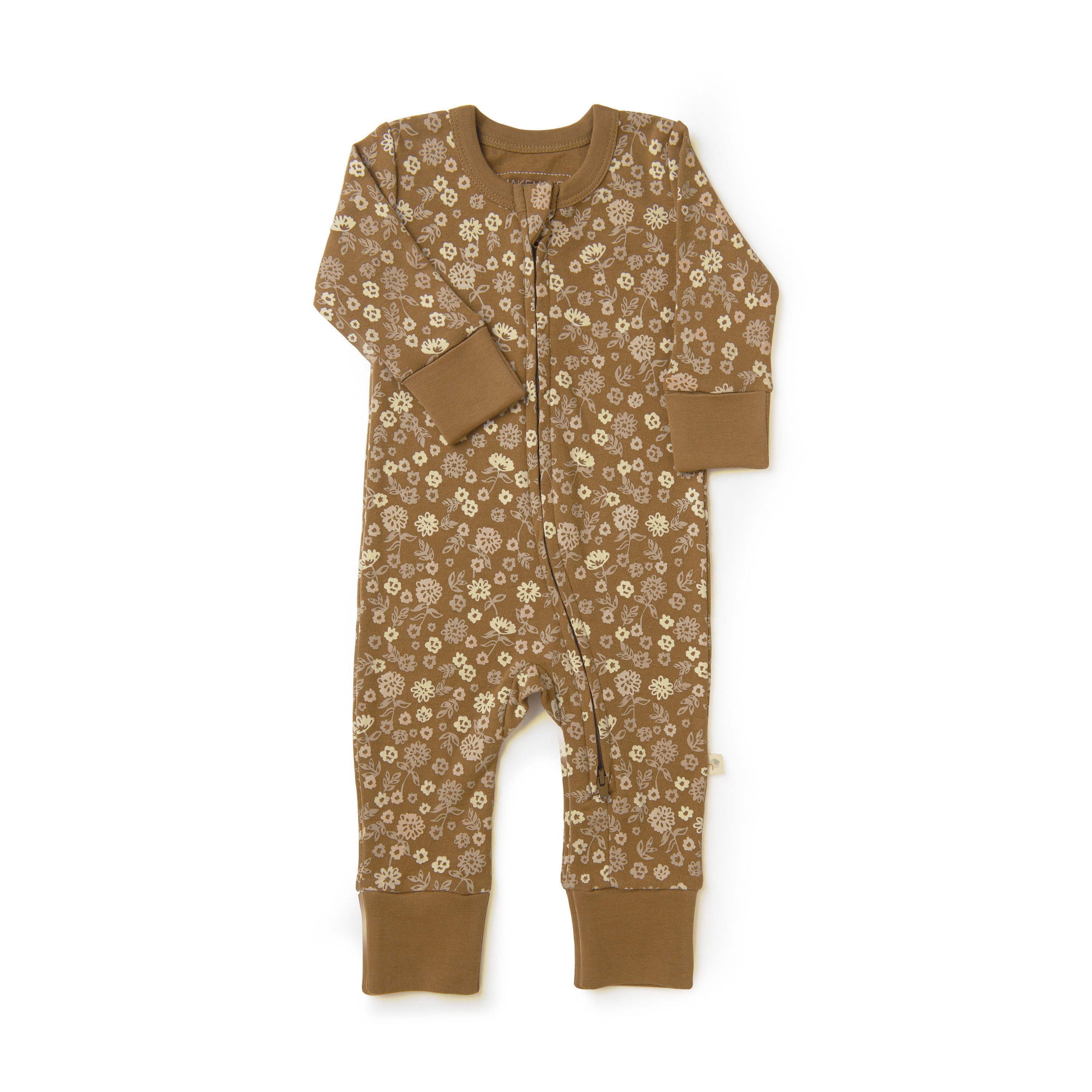 Baby's olive-green Organic 2-Way Zip Romper - Wildflower, featuring a snap button front and cuffed sleeves, displayed on a white background. (Brand Name: Organic Baby)