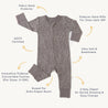Flat-laid beige baby onesie with white speckles, labeled features include fabric neck protector, gots certification, foldover mitts, extra diaper room, and a 2-way zipper, suitable for up to 12 months. - Organic Baby's Organic 2-Way Zip Romper - Speckle