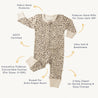 Image of a baby's Organic 2-Way Zip Romper - Spotted labeled with its features: gots certified, fabric neck protector, ultra soft, innovative foldover mitts for sizes up to 12m, extra diaper room, and a 2-way zipper for easy dressing by Organic Baby.