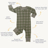 Image of a green and white checkered Organic 2-Way Zip Romper - Plaid by Organic Baby, with features pointed out, such as a foldover neck protector, extra diaper room, up to 12 months size, soft fabric, and a 2-way zipper.