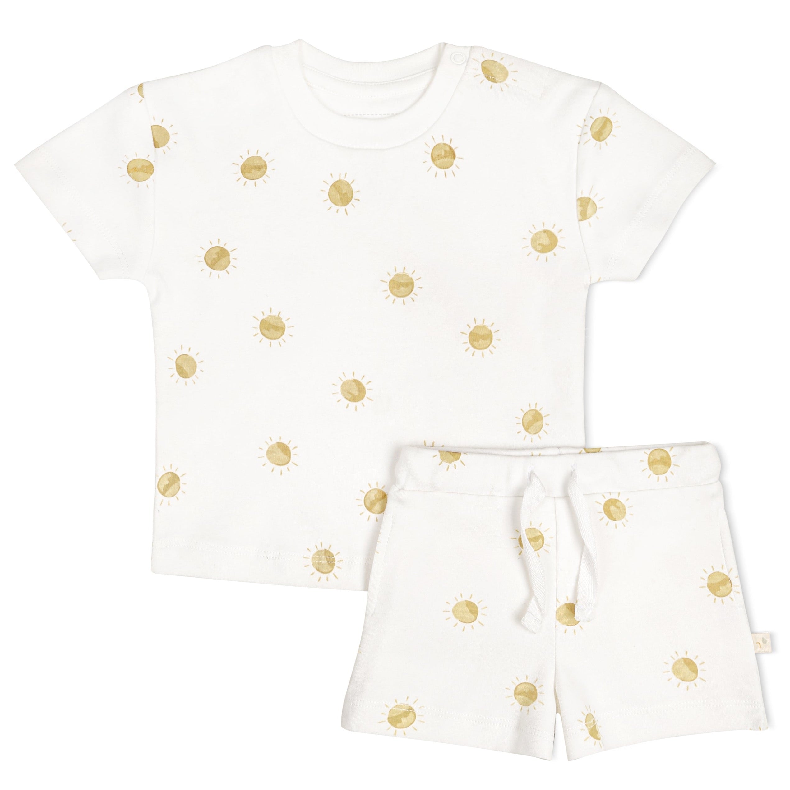 A Makemake Organics Organic Tee and Shorts Set - Sunshine with a pattern of yellow suns, displayed on a white background.