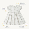 An image of an Organic Kids certified baby dress with a palm tree pattern. The dress features gentle dressing buttons, is noted for being super stretchy, and ultra soft & breathable.