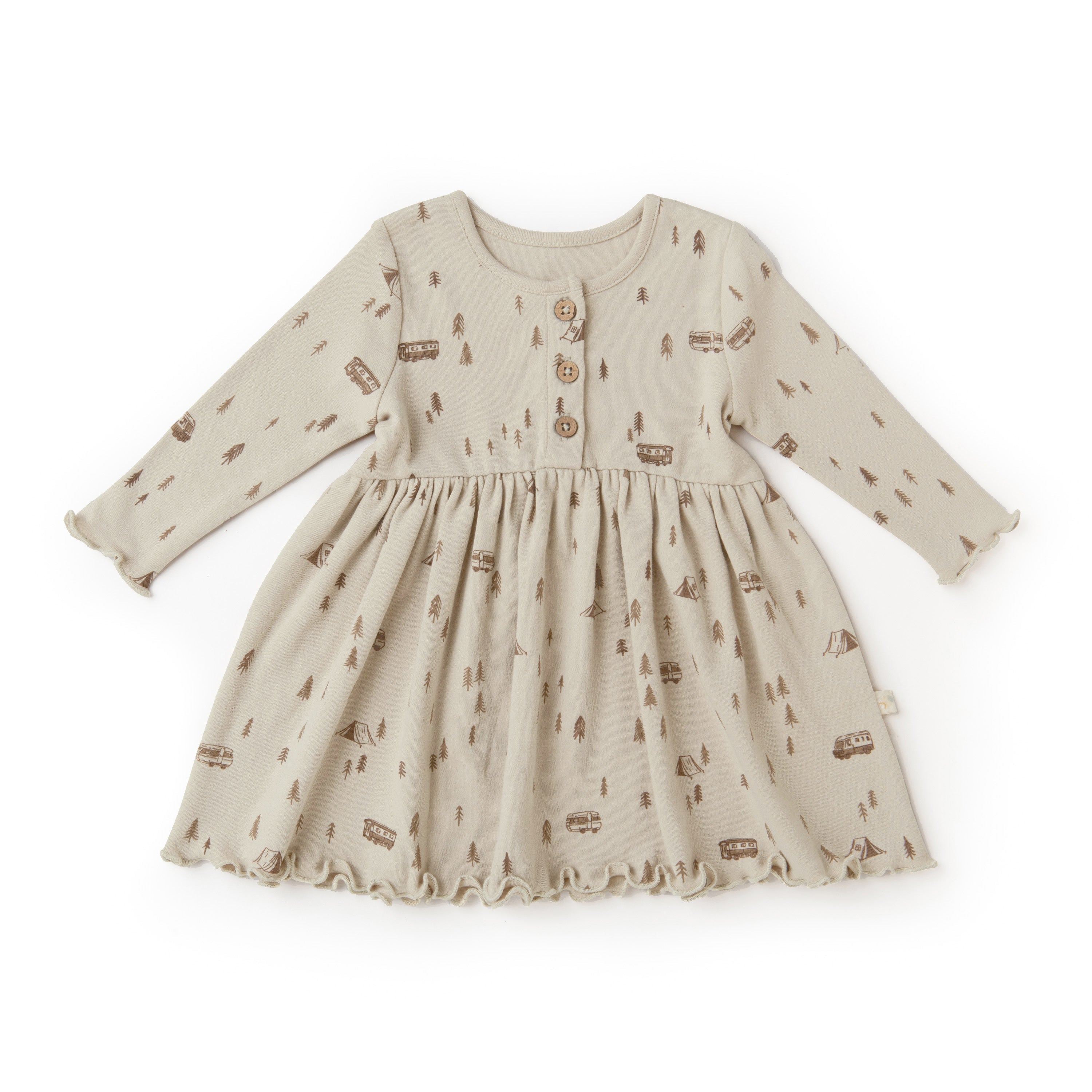 A beige Organic Long Sleeve Twirl Dress - Camplife from Organic Baby with long sleeves, featuring a pattern of small vintage keys and locks, laid flat on a white background. The dress has a flared skirt and button