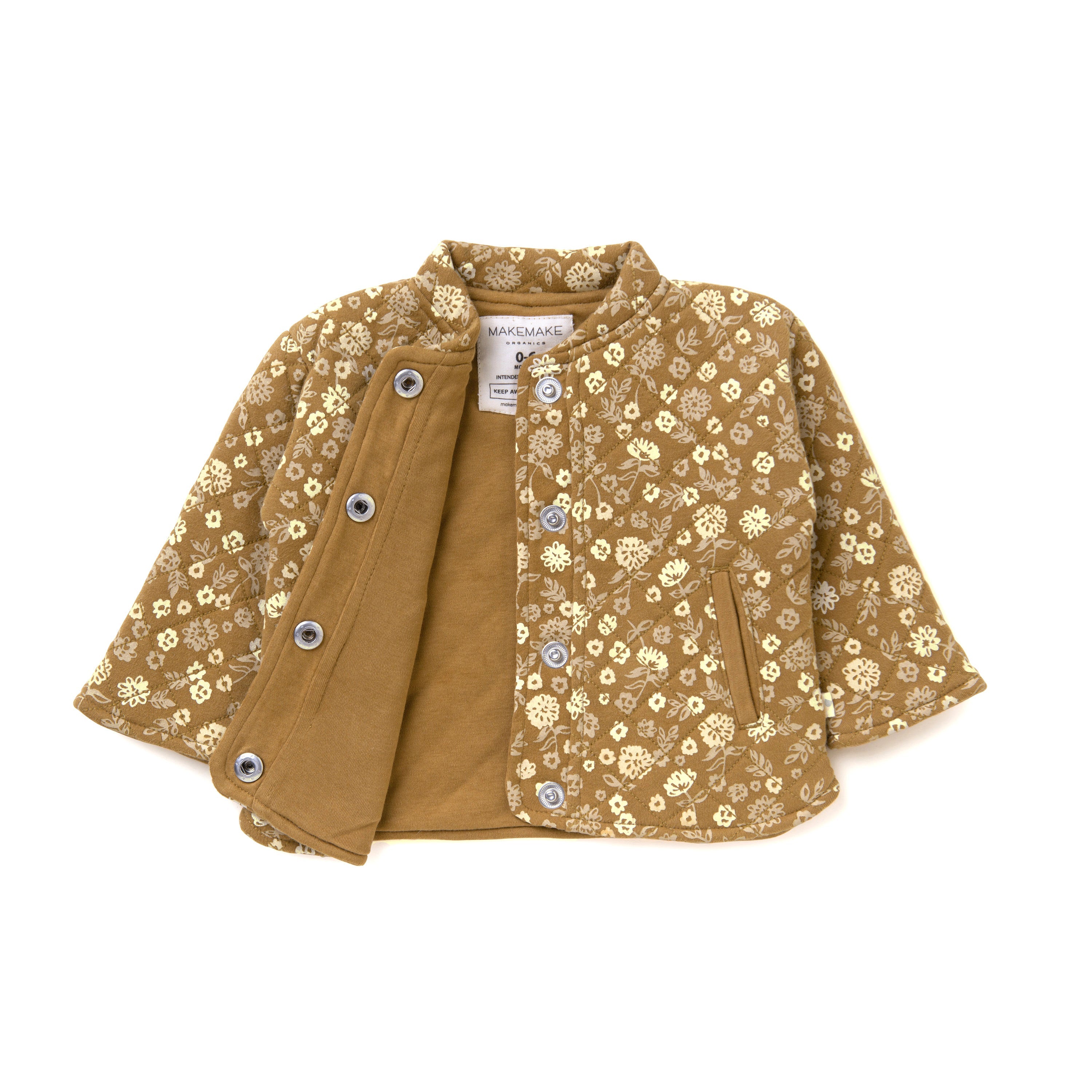 A mustard-yellow children's jacket from Organic Kids with floral patterns displayed on a white background, featuring front snap buttons and a round neckline.