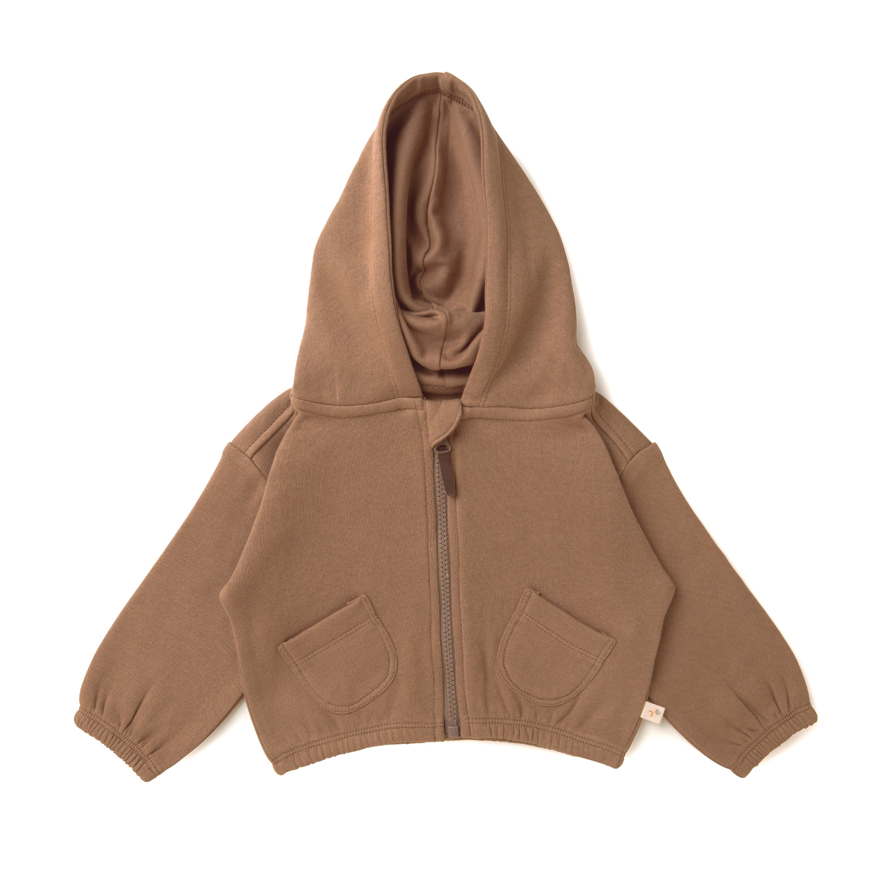 A brown zip-up hoodie with a large hood and two front pockets from Organic Baby, displayed flat against a white background.