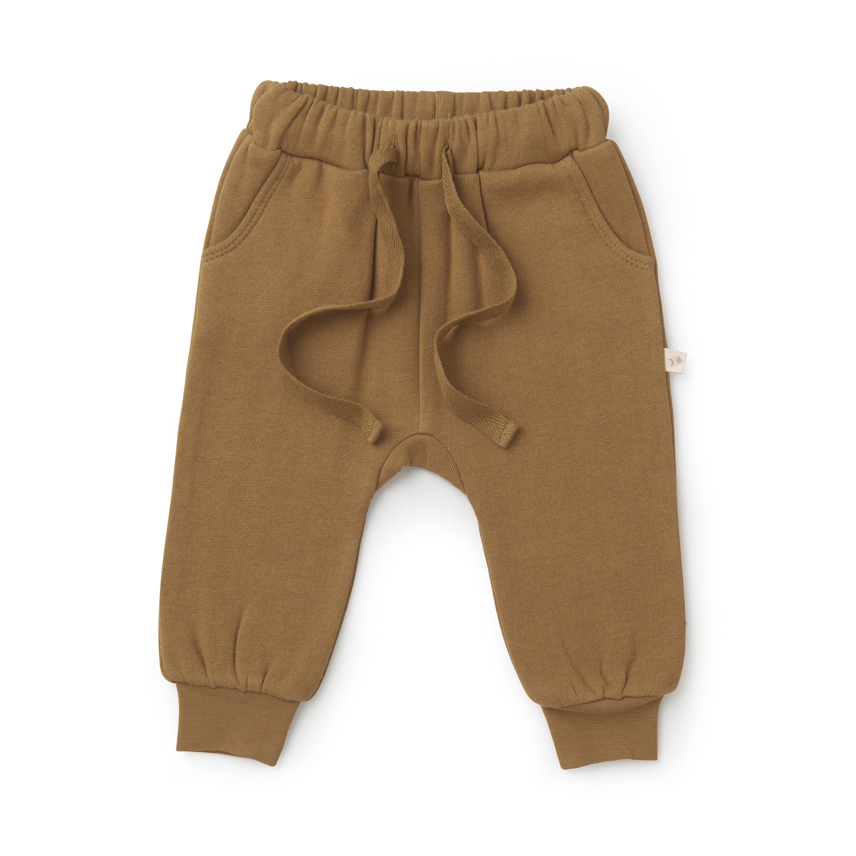 A pair of Organic Jogger Pants - Tan from Organic Baby with an elastic waistband and drawstring, displayed on a white background.