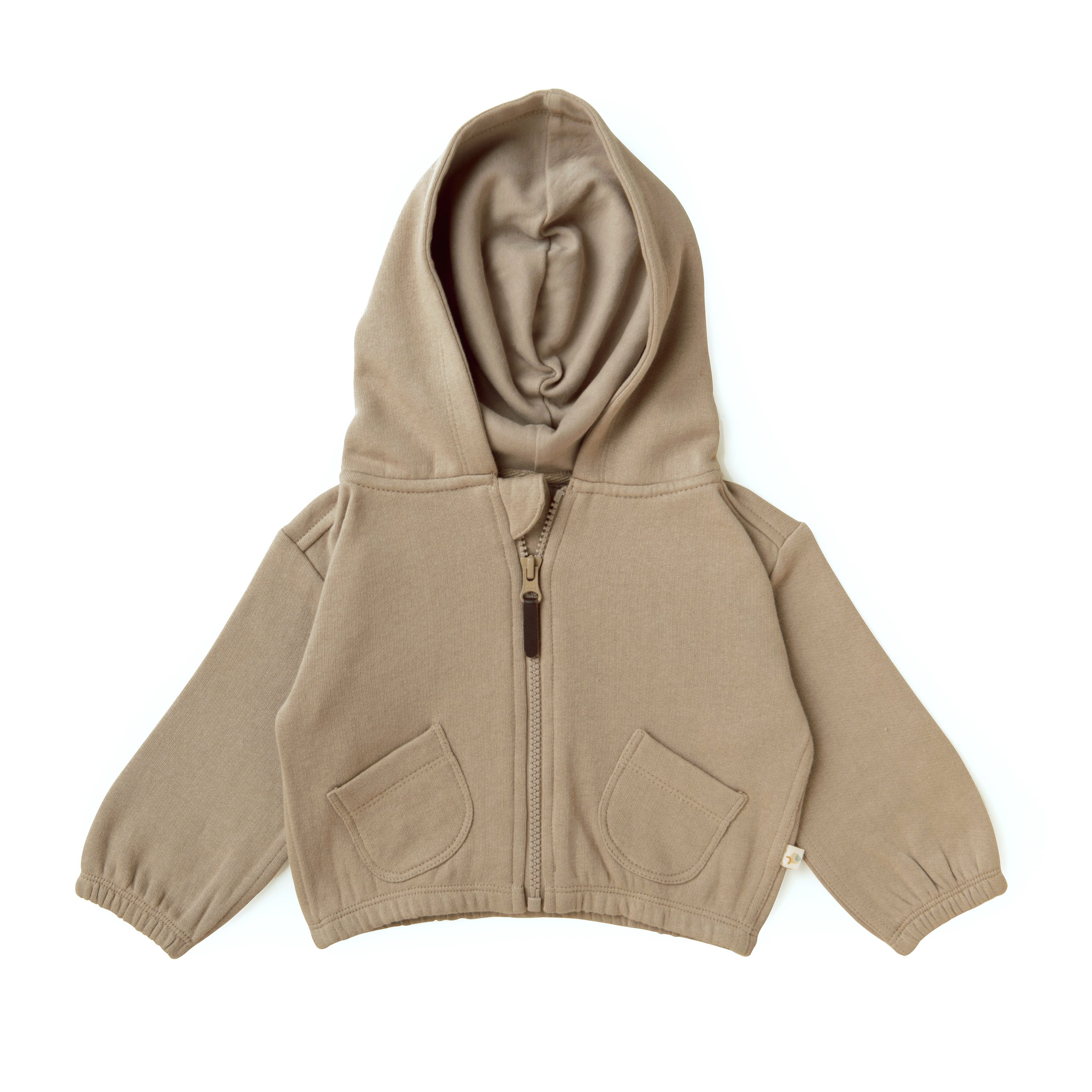 A Organic Baby organic hooded jacket in mocha with a hood, laid flat against a white background, displaying ribbed cuffs and two front pockets.