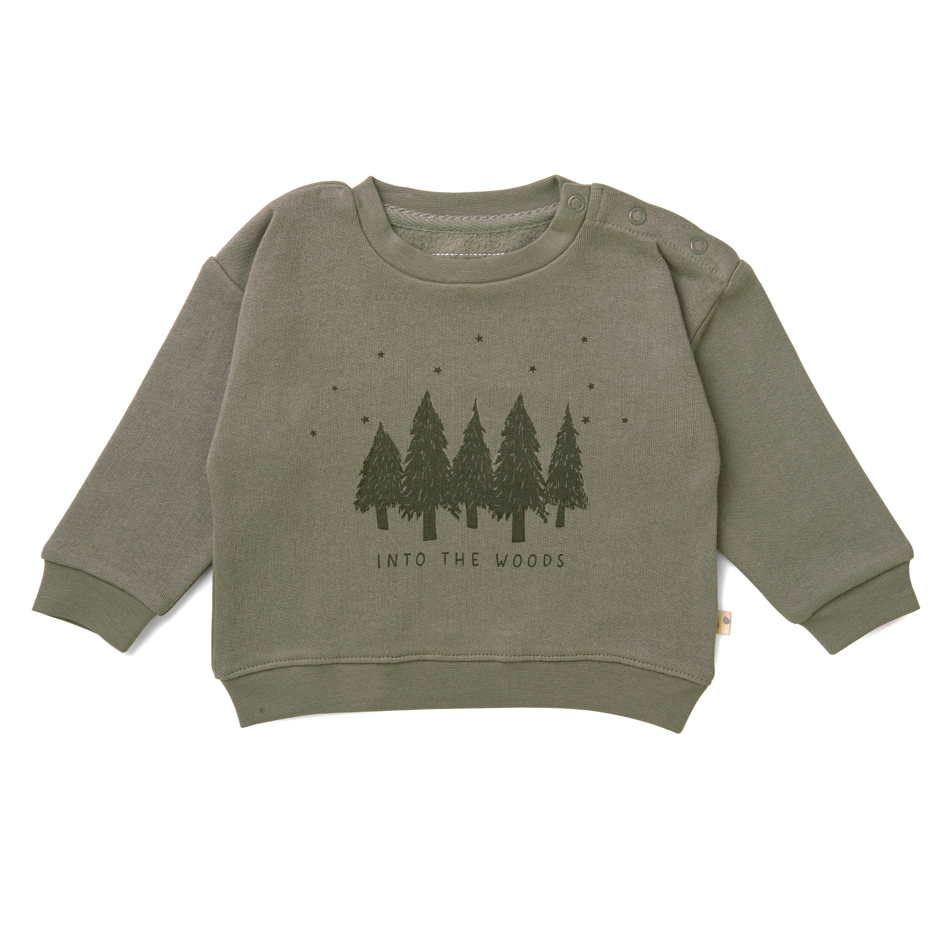 Organic Baby olive green toddler sweatshirt featuring a row of pine trees and the phrase "into the woods" printed on the front, displayed on a plain white background.
