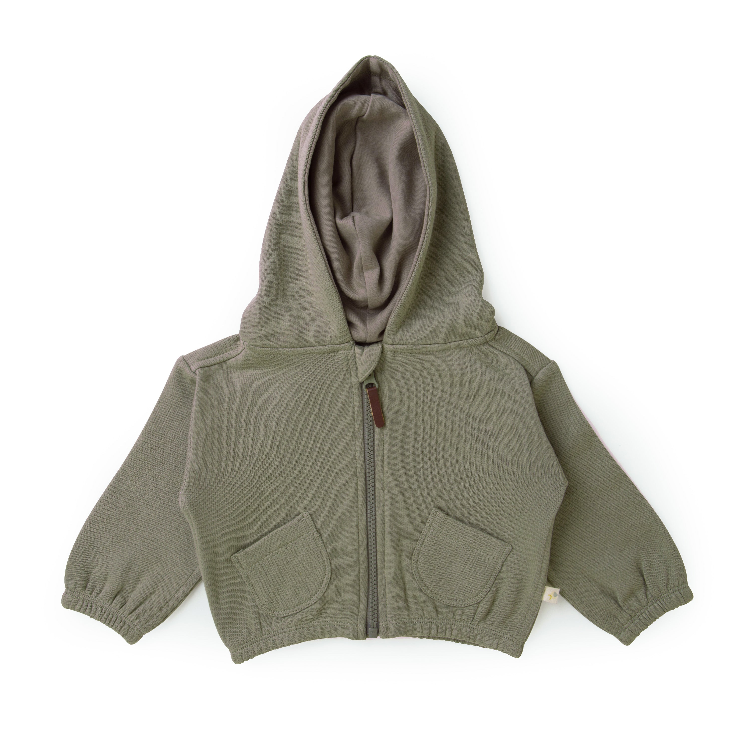 Organic Baby's olive green toddler's zip-up hoodie with a hood, displayed flat against a white background. The hoodie features two front pockets and ribbed cuffs.