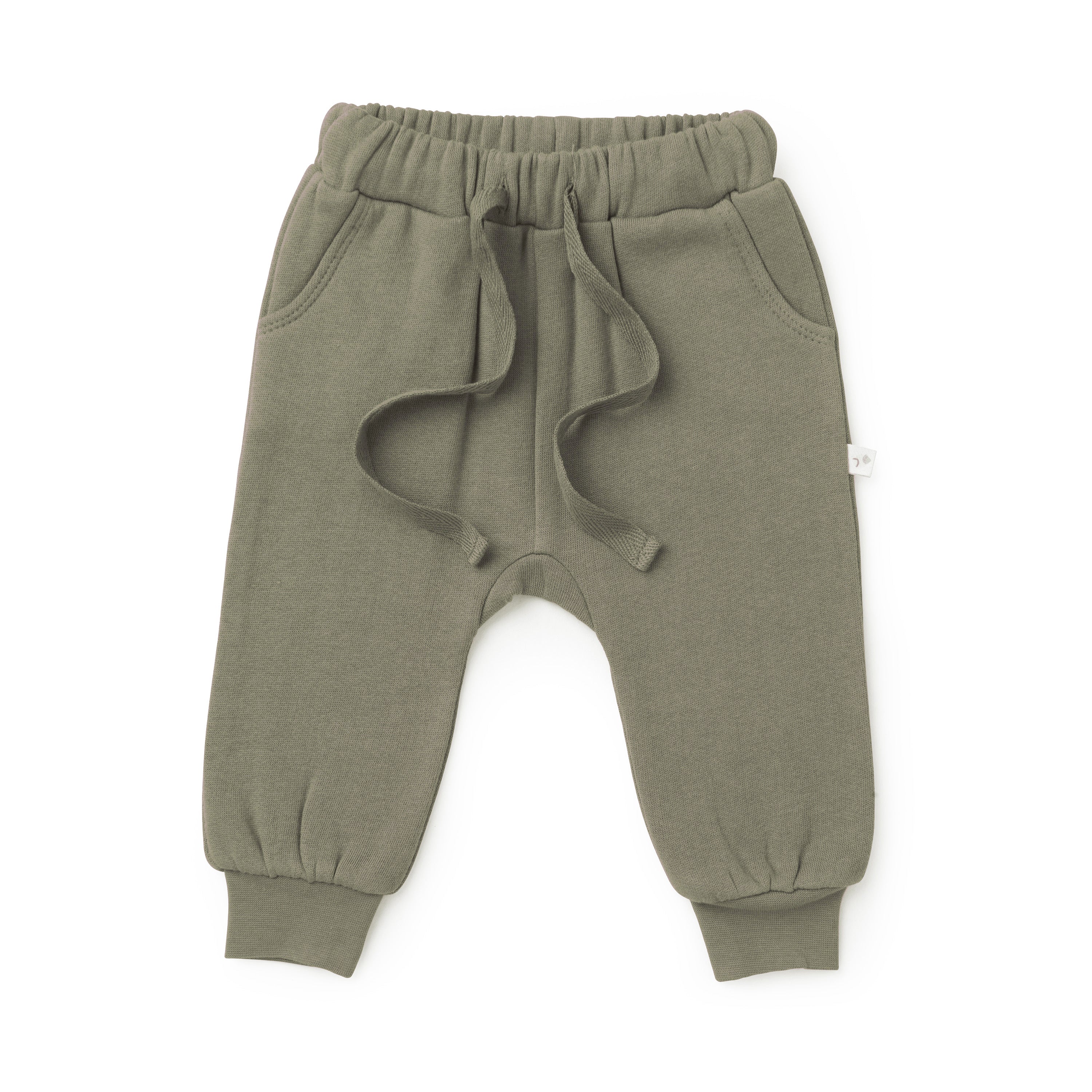Organic Baby olive green jogger pants with a drawstring and cuffed ankles, displayed on a white background.