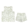 Two-piece toddler clothing set isolated on a white background, featuring a sleeveless top and matching shorts with a green and white tropical leaf pattern - Organic Linen Tank and Shorts Set - Palms by Makemake Organics.