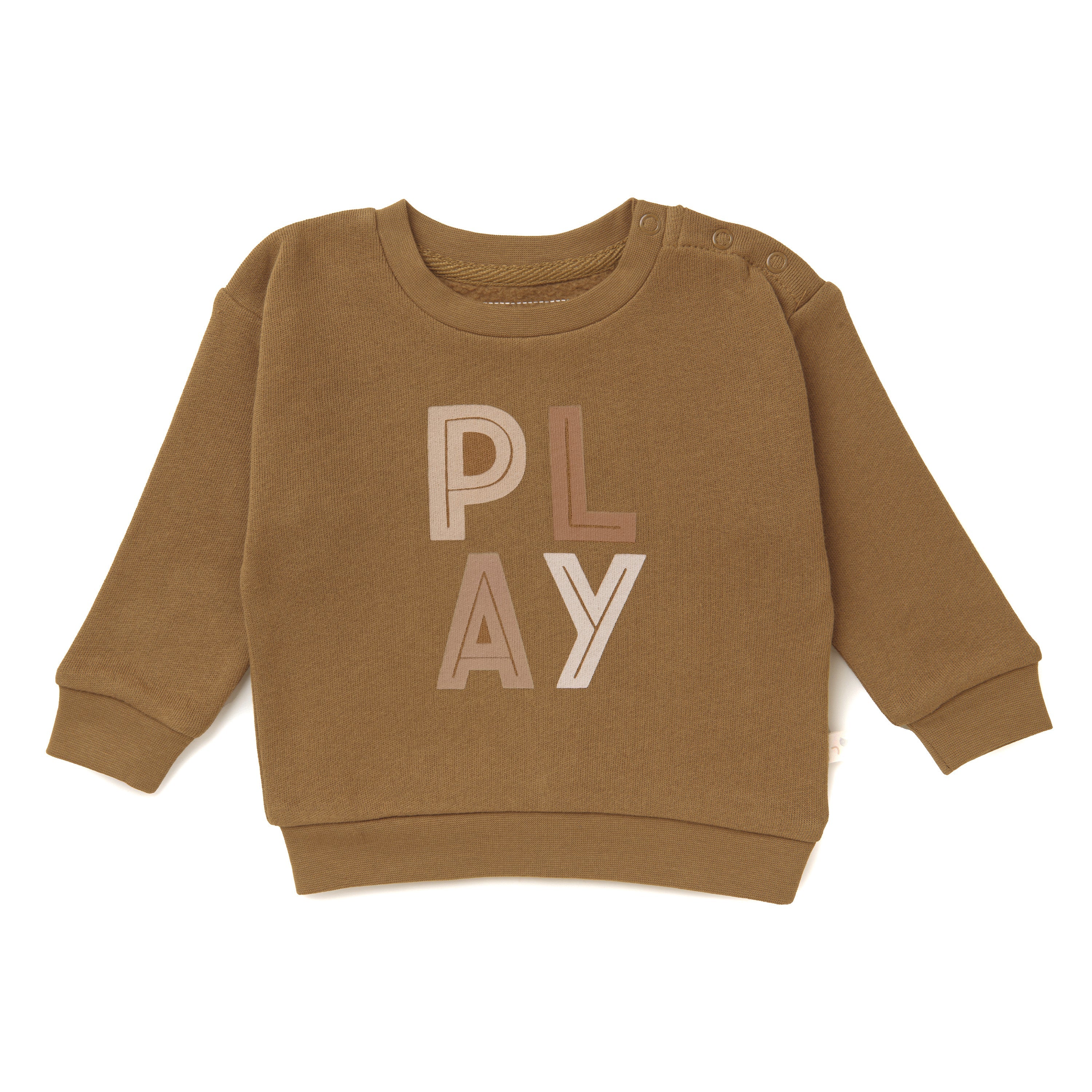 Child's brown Organic Graphic Sweatshirt - Play from Organic Baby with the word "play" printed in white block letters on the front, displayed on a white background.