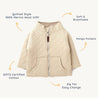A beige, quilted child's jacket with a zipper, made by Organic Kids from 100% merino wool and labeled with features like GOTS certified, soft, breathable, easy.