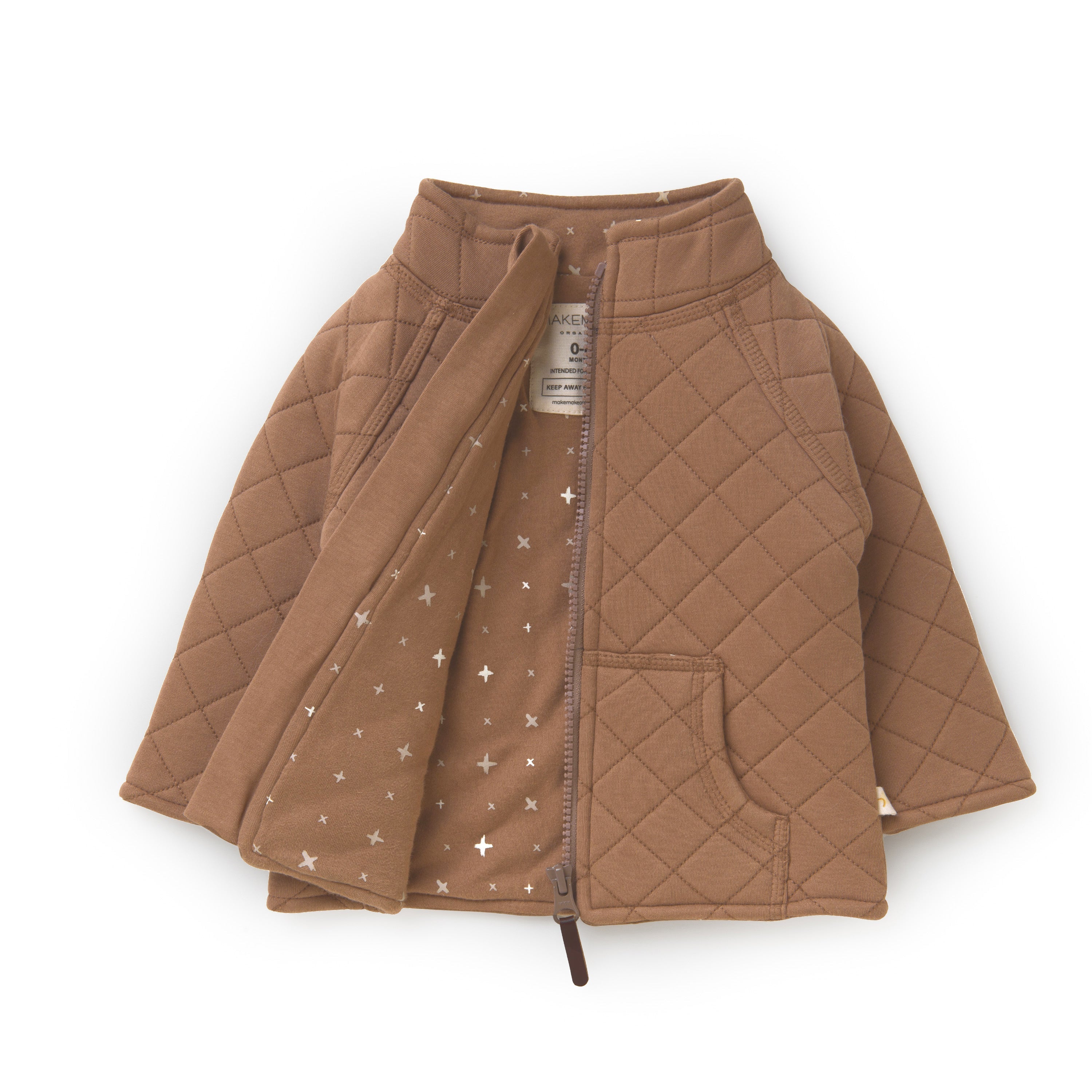 A brown quilted jacket from Organic Kids with a zipper, partially open to reveal a lining with a white star pattern. The jacket is displayed flat against a white background.